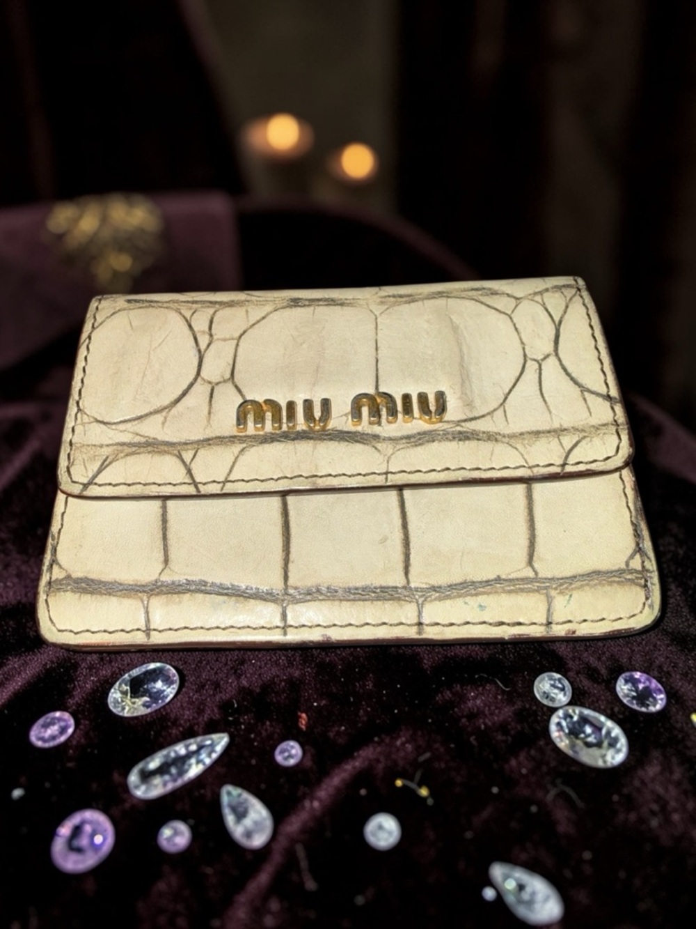MIU MIU Croc Embossed Leather Card Holder Wallet Beige